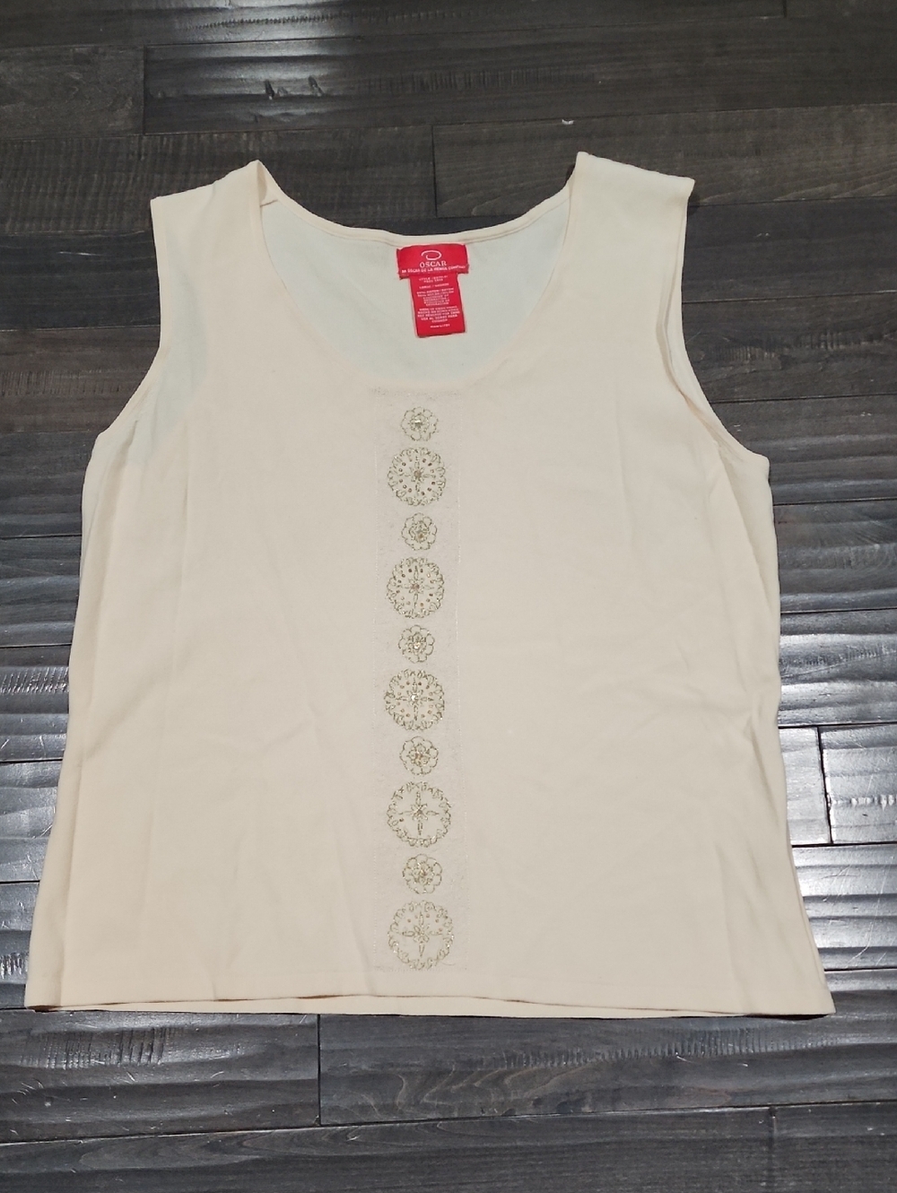 Oscar de la Renta Cream Scoop Neck Tank with Center Embroidered Medallions